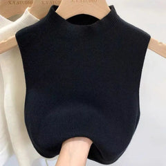 Hnewly White Knitted Camisole Sleeveless Vest For Women Spring Summer Half High Neck Short   Basic Bottom Top Korean Version Trendy Tee