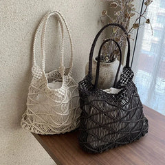 Hnewly  Women Handmade Cotton Rope Woven Shoulder Bag Hollowed Out Beach Vacation Tote Handbag
