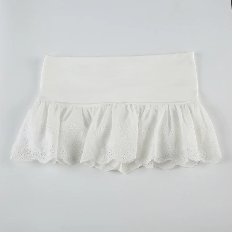 Hnewly Fairycore White Lace Pleated Skirt with Shorts Cute Coquette Low Rise Patchwork Super-short Mini Skirts Ladies y2k Summer