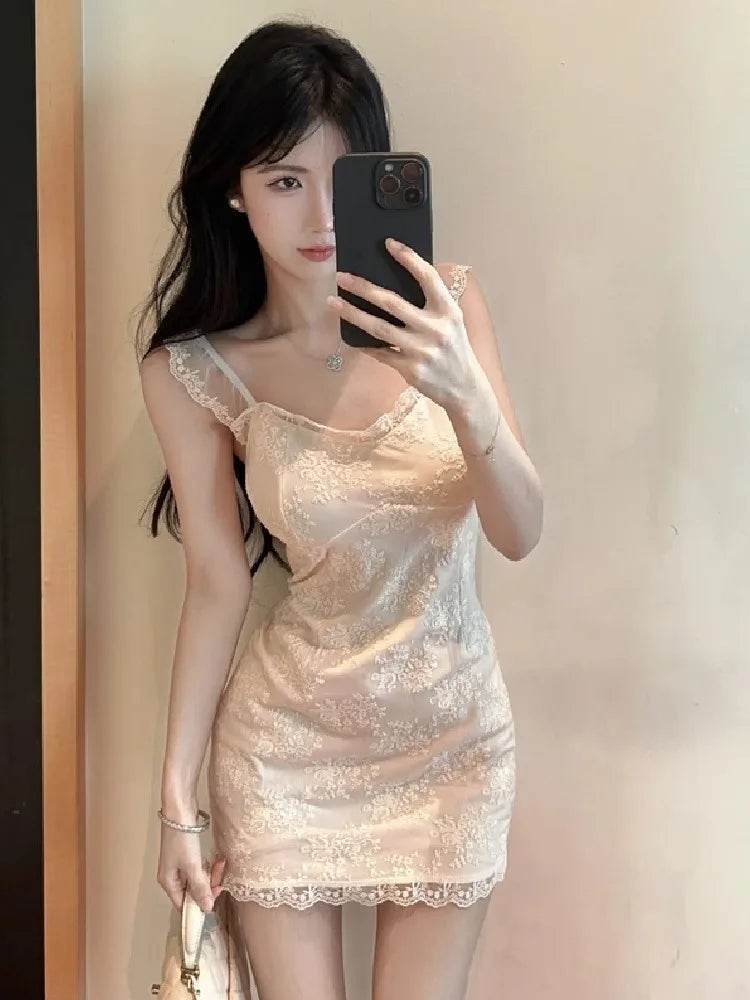 Hnewly  Women Dress Sleeveless Lace Patchwork Slash Neck Slim Elegant French Style Chic Party Mini Dresses Female Fashion