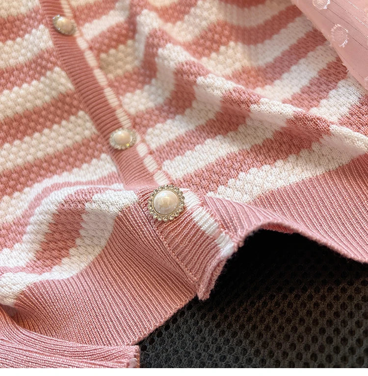 Hnewly  Striped knitted Sweater For Women's Spring Autumn French Elegant Round Neck Long Sleeved Patchwork Chiffon Loose All-Matched Top