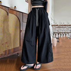 Hnewly  Ice Silk Bloomers Wide Leg Pants Women Summer Elastic High Waist Loose Trousers Woman Drawstring Pocket Casual Pants Mujer