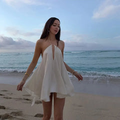Hnewly  Sexy Halter Party Solid Dresses Women Sleeveless Backless Hollow Out Beach Dress Lady Dresses Summer Lady Beach Robes