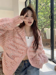 Hnewly  Mohair Sweet Pink Cardigan Sweater Women Elegant Lazy Wind Chic Knitted Coat Loose Long Sleeve Fashion High Quality Tops