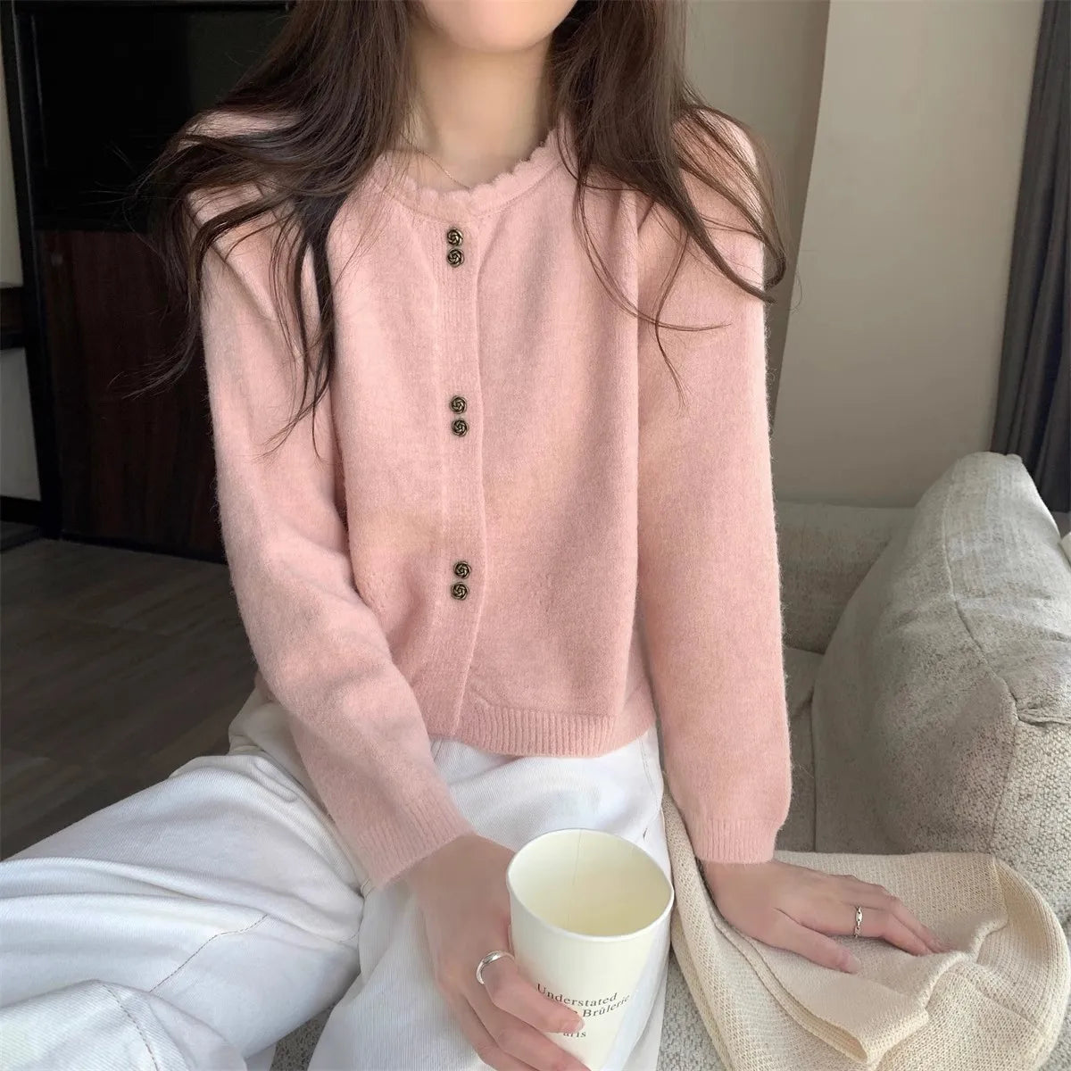 Hnewly  Sweet Short Hollowed Out Sweater Chic Buttons Long Sleeved Knitted  Cardigan Jacket Korean series Round Neck Loose Top
