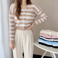 Hnewly  Women Striped Knit Cardigan Button Front Long Sleeve V-neck Crop Sweater Jacket Comfy Knitwear French Chic Autumn Winter Outfit