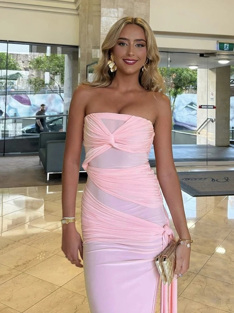 Hnewly  Backless Dress Women Ruched Chest Wrap Cross Bandage Sleeveless Tassel Y2K Street Trend Elegant Slits Long Bodycon