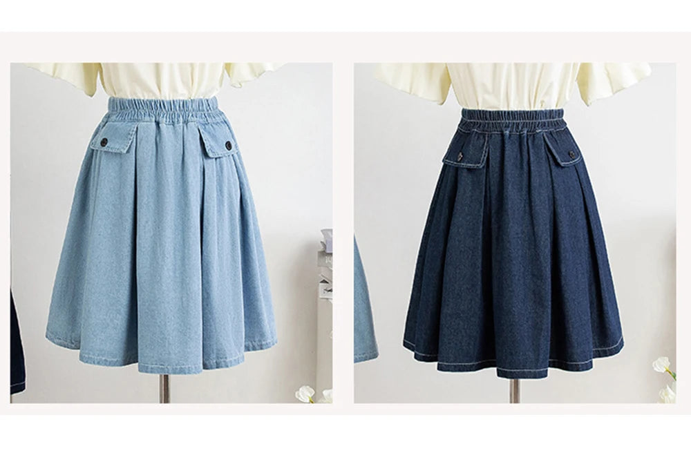 Hnewly M-5XL Oversize Denim Skirt Women's New Elastic High Waisted A-line Loose Fit Retro Knee-length Skirt with Built-in Safety Shorts