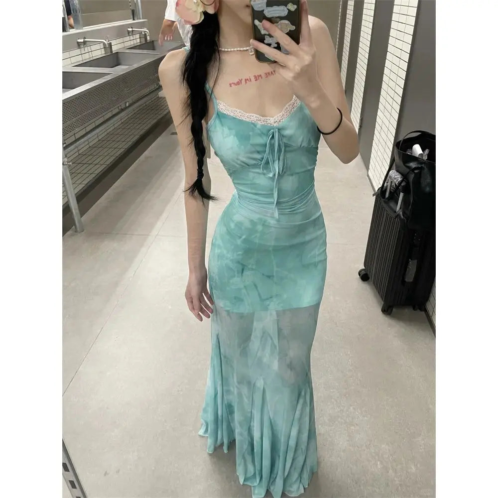 Hnewly  Oversize Lace Patchwork Camisole Dresses Sexy Slim Fit Bodycon Fishtail Dress for Women 2025 Summer New Vestidos Mujer