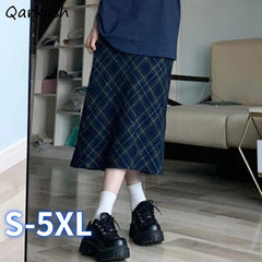 Hnewly  Plaid Midi Skirts Women Casual A-line Chic All-match High Street Elegant Vintage Mujer Jupe European Style Classic Sexy Clothing