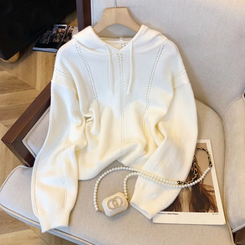 Hnewly  Pointelle Knit Hooded Sweater for Women Long Sleeve Pullover Sweater Hoodie Cosy Knitwear Teen-girl Autumn Winter Casual Outfit