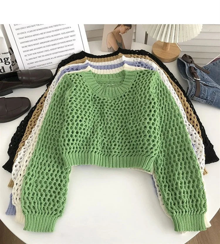 Hnewly Hollow Sun Protection Shirt Women's Summer Loose Pullover O-Neck Puff Long Sleeve Air Conditioning Knitwear Korean Retro Top