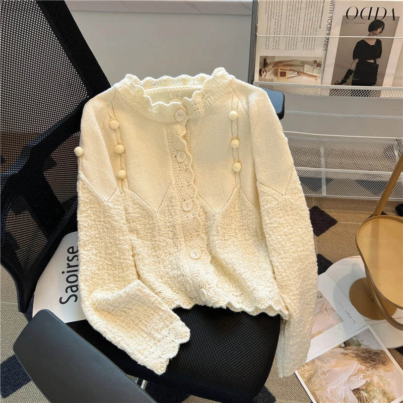 Hnewly  Korean Sweater Cardigan Women's Spring Autumn 2025 Versatile Soft Knitted Jacket Elegant Lace Single Breasted Long Sleeved Top
