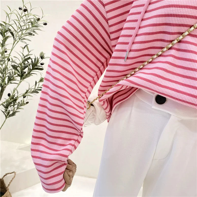 Hnewly  New Striped Hoodie Sweatshirt Women's Spring Autumn 2025 Fashion Preppy Style Retro Long Sleeve Top Loose Pullover Jacket