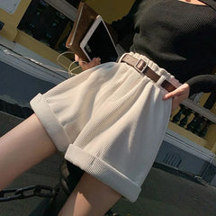 Hnewly Corduroy Shorts Women A-line High Waist Elegant Loose Korean Style Casual All-match Vintage Young Lady Wide Leg Female Chic Ins