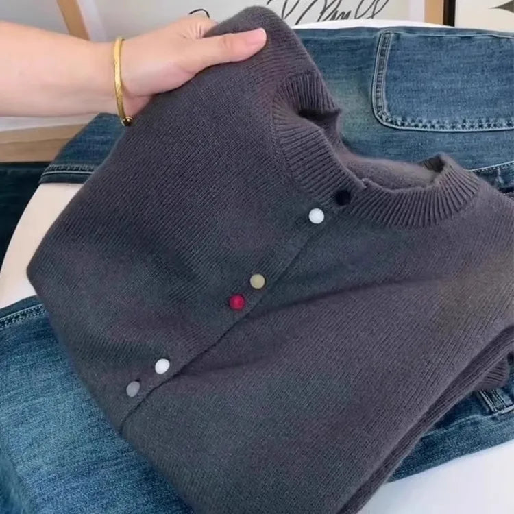 Hnewly  Solid Single Breasted Sweater Women New Autumn  Winter O-neck Loose Basic Top Elegant Long Sleeved Knitted Cardigan Jacket
