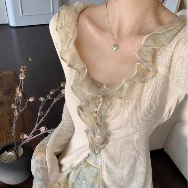 Hnewly Spring New Slim Fit Ruffles Long Sleeve Tops Women+ Y2k Mid-length Flower Print Skirts  Chinese Style Two Piece Sets