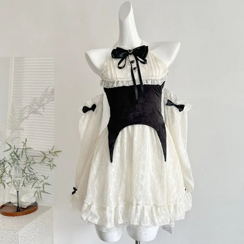 Hnewly  Contrast Bow Dress Ball Gown Ropa Mujer Spring Vestidos Temperament Vestido Court Style Dresses for Woman with Oversleeve