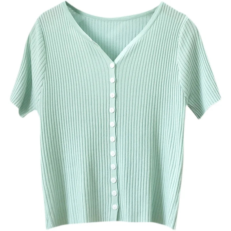 Hnewly  Knitted Short Sleeved T-shirt Sweater Women Spring  Summer 2025 Thin Loose V-neck Single Breasted Top Solid Short Cardigan Coat