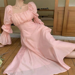 Hnewly  Solid Backless Dresses Women Elegant Sweet Square Collar Puff Sleeve Bow High Defined Waist A-ine Spring Summer Female Chic Lady