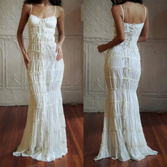 Hnewly   New Summer Chiffon Beige Solid Color Lace-ups Slim Slip Dress Ruffle Chic Party Beach Fashion Long Dress For Women