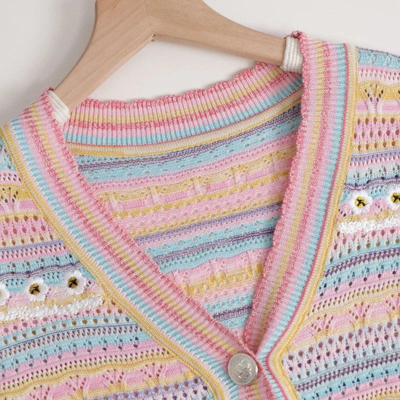 Hnewly Rainbow Striped Knitted Sweater For Women's 2025 Summer New  Thin Short Sleeved V-neck Hollow Out Holiday Sun Protection Top
