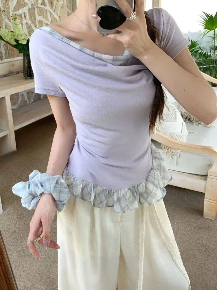 Hnewly  T Shirts Women Plaid Patchwork Swinging Collar Off Shoulder Ruffles Short Sleeve Summer Fashion Sweet Tops Casual Tshirt