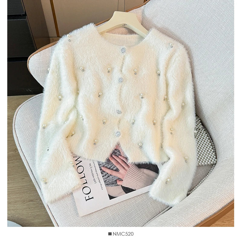 Hnewly  Beading O-Neck Plush Long Sleeved Sweater  Women's Autumn Loose Soft Glutinous Knit Cardigan Elegant Single Breasted Short Top
