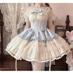 Hnewly  Japanese Sweet Lolita Kawaii JSK Dress Women Lovely Ballet Princess Cake Dresses Harajuku Lace Bow Patchwork Mini Dress