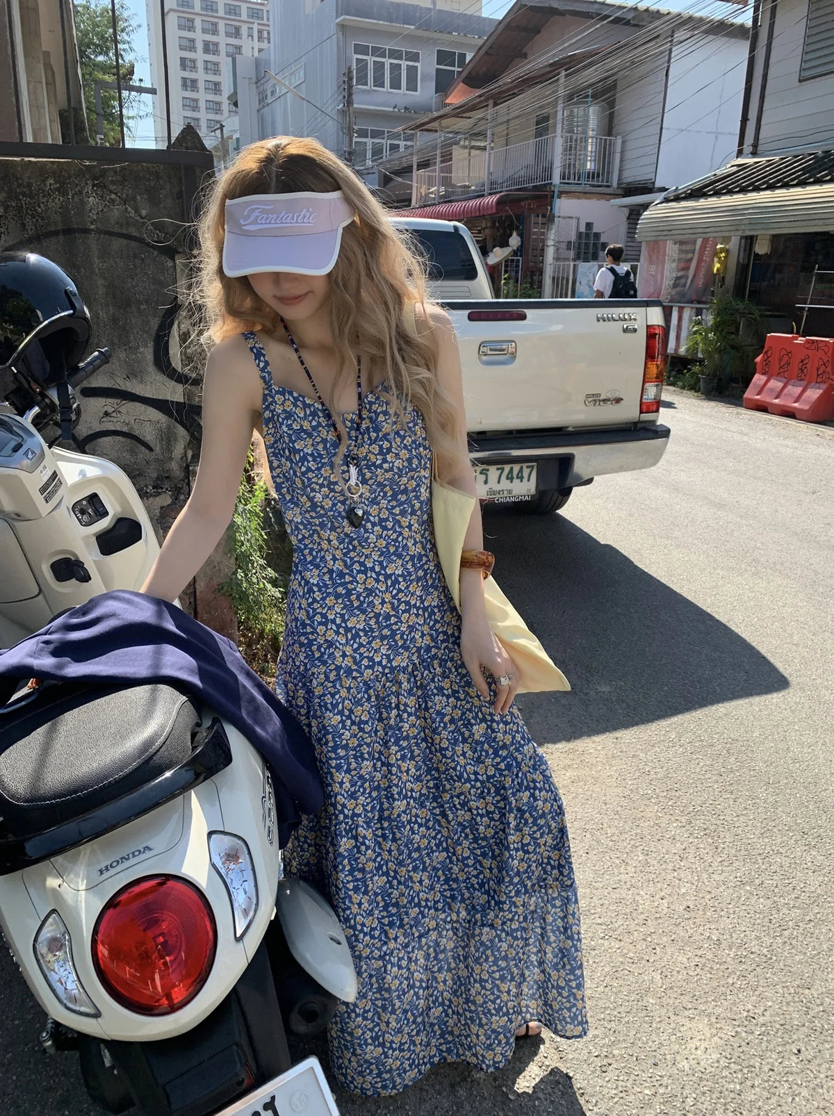 Hnewly  plus Size Beach Vacation Style Blue Floral Long Skirt Summer  Slimming Fairy Tale Dress Sweet Japanese Style A-Line Dress