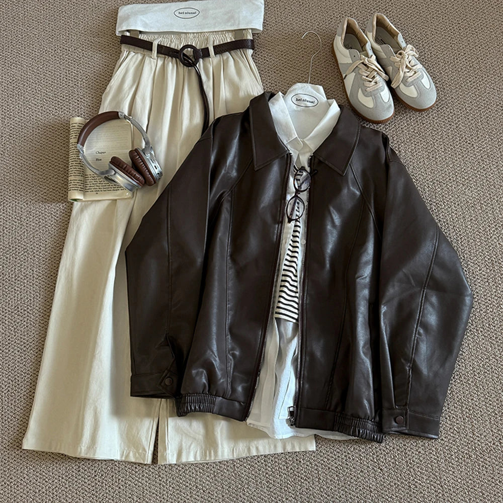 Hnewly  Retro Chic pu Leather Jacket Women's 2025 Spring Autumn Fashion Lapel Versatile Windproof Sweet&Cool BF Style Female Outerwear