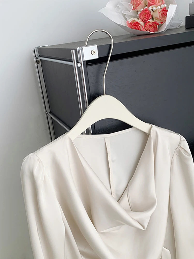 Hnewly French Style Retro Solid Color Women Satins Shirt Fashion New Pleated Long Sleeve Blouses Female Slim Tie Up Clothes Chic