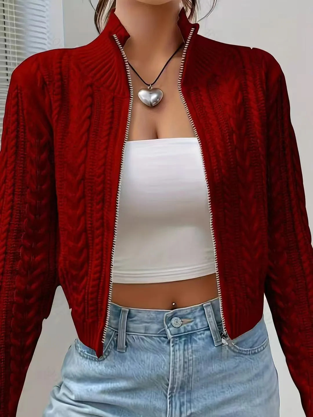 Hnewly  Zip Up Crop Cardigan for Women Boxy-fit Zipper Front Cable Knit Sweater Jacket Autumn Winter Teen-girl Y2K Outfit