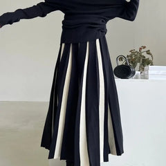 Hnewly  Fashion Black White Patchwork Skirts Woman Korean Elastic Waist Knitted Pleated A Line Skirt Lady Loose High Waist Maxi Skirts