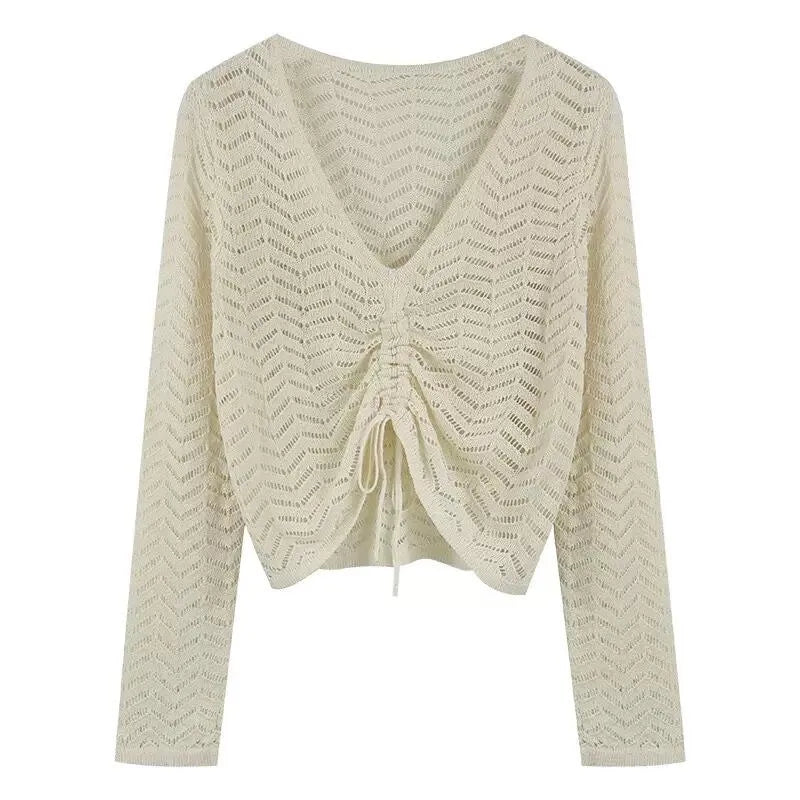 Hnewly  Drawstring Pointelle Knitted Top Pullovers Women Sweater Cover Up Top Hollow Out Crop Jumper Knitwear Autumn Winter Y2K Outfit