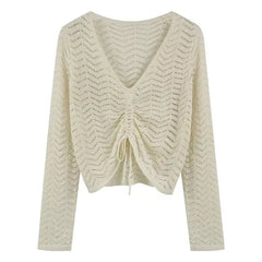 Hnewly  Drawstring Pointelle Knitted Top Pullovers Women Sweater Cover Up Top Hollow Out Crop Jumper Knitwear Autumn Winter Y2K Outfit
