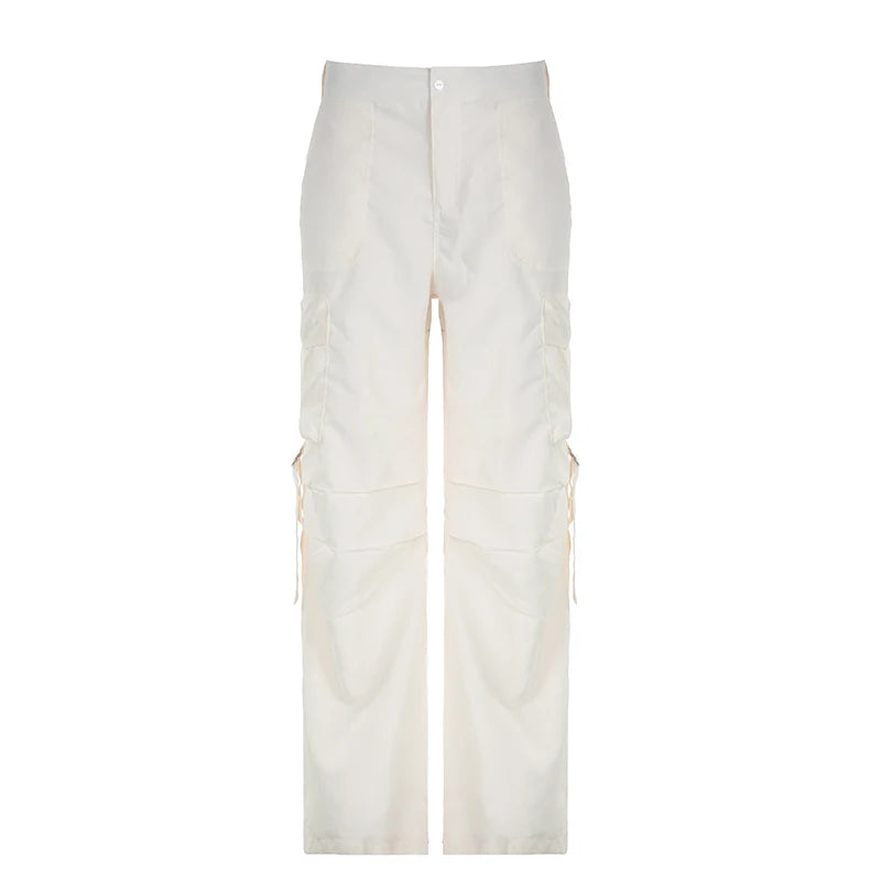 Hnewly Streetwear Basic Buckle Cargo Pants Women Solid Straight Leg Big Pockets Baggy Trousers All-Match Y2K Sweatpants Chic