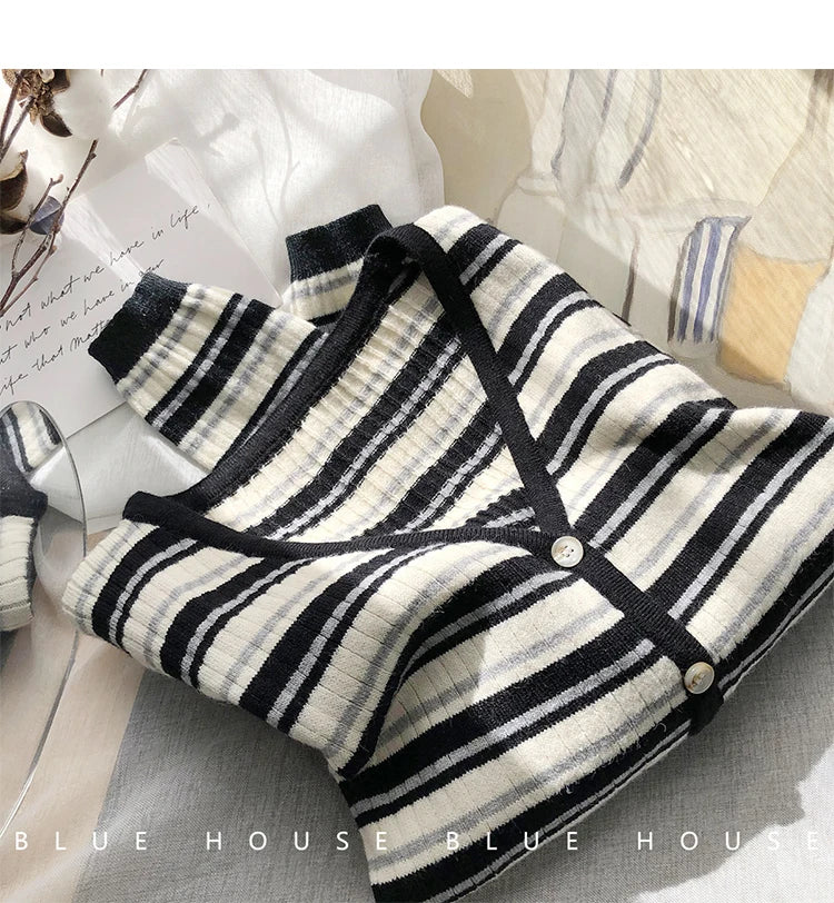 Hnewly  Women's Retro Striped Sweater Korean V-neck Contrasting Spring Autumn Long Sleeved Knitted Cardigan Coat  All-Matchded Loose Top