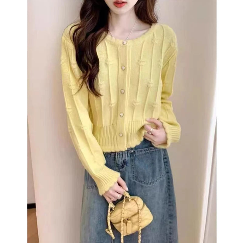 Hnewly  Cute Crop Cardigan for Women Hollow-out Openwork Button Up Knit Sweater Jacket Teen-girl Spring Autumn Fairycore Outfit