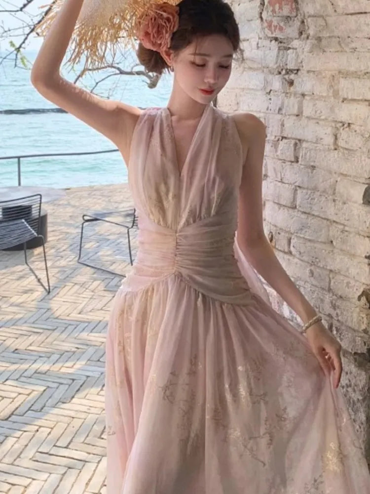 Hnewly Women's French Floral Print Halther Dresses Summer Elegant V-Neck Slim Lace-up Midi Dress Sexy Beach Holiday 2025 New Fashion