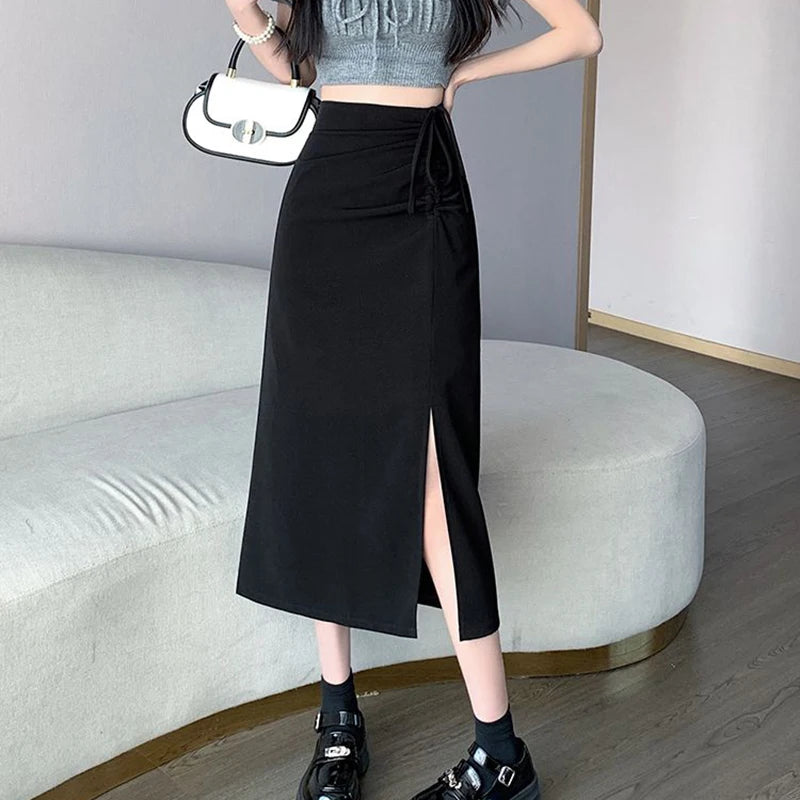 Hnewly  Korean Shirring Midi Skirts for Women Fashion Office Side Split Black Skirt Woman Streetwear All-Match High Waist Skirts Female