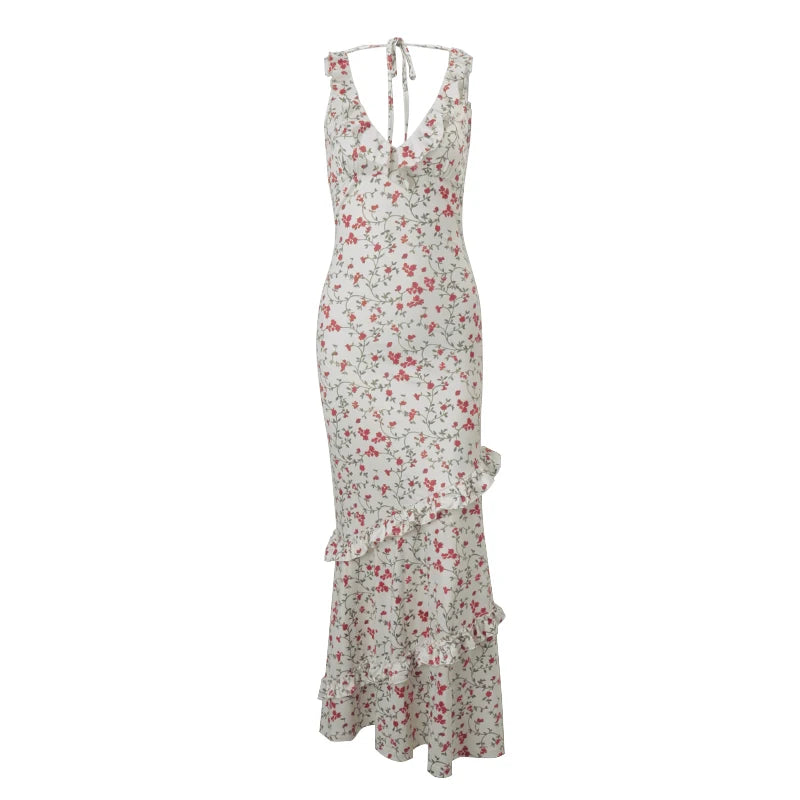 Hnewly Floral Print Sexy V Neck Ruffles Elegant Bodycon Maxi Dresses Spring Fashion Holiday Streetwear Party Women's Vestidos