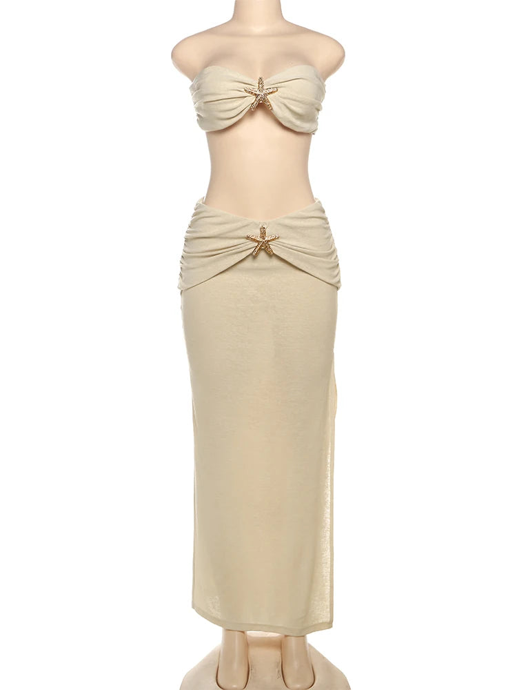 Hnewly Starfish Decoration 2 Piece Set Women Lace-Up Backless Strapless Tops+Ruche Long Skirts Vacation Beach Party Outfits