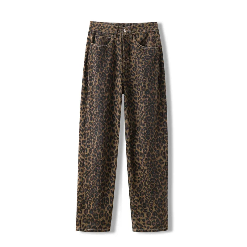Hnewly  Streetwear High Waisted Leopard Print Jeans for Women Y2k Retro Denim Pants Hip Hop Straight Wide Leg Baggy Jeans