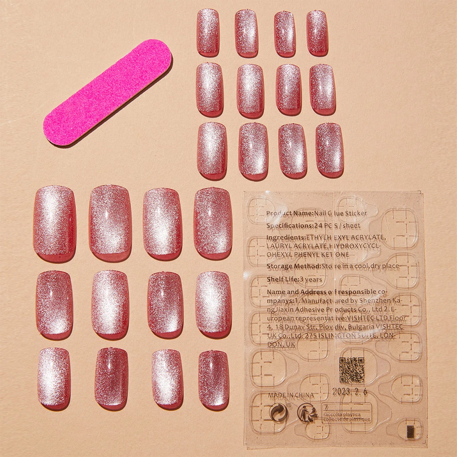 Hnewly 24pcs Pink Shiny Press-on Nails Cat Eye Glitter Artificial Nail Patch For Lady Women Manicure DIY Art Supplies with Jelly Glue