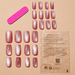Hnewly 24pcs Pink Shiny Press-on Nails Cat Eye Glitter Artificial Nail Patch For Lady Women Manicure DIY Art Supplies with Jelly Glue