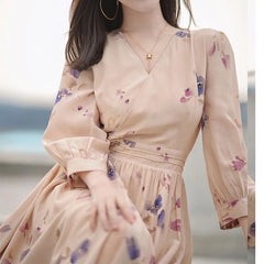 Hnewly  Spring Autumn New V-neck Long Sleeve Midi Dress Women High Street Casual Printing Pleated Dresses Elegant High Waist Vestidos
