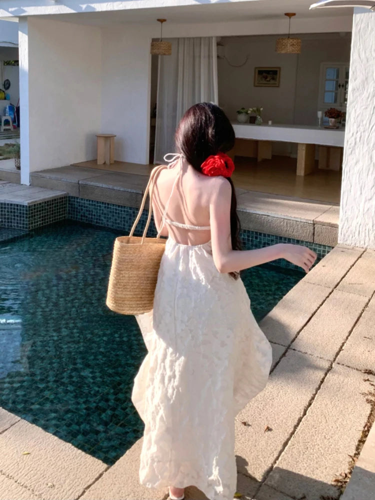 Hnewly Summer Beach Backless Midi Dress Women Casual Bodycon Dress Even Party Korean Fashion One Piece Dress Elegant Sleeveless