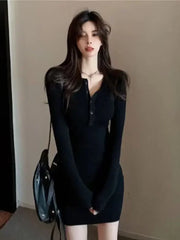 Hnewly Woman Korean High-end Waist Hot Girl Black Hip Dress Autumn Winter New Style Long Sleeved Knitted Short Vestidos