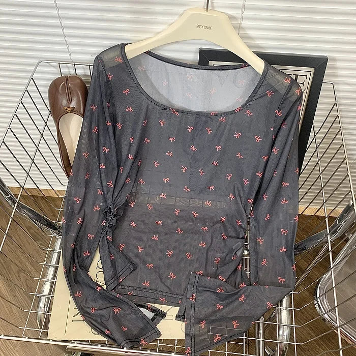 Hnewly Pink Bow Printed Long Sleeved T-shirt Women's Spring  Summer Sun Protection Top Korean Version Round Neck Slim Fit Versatile Tee
